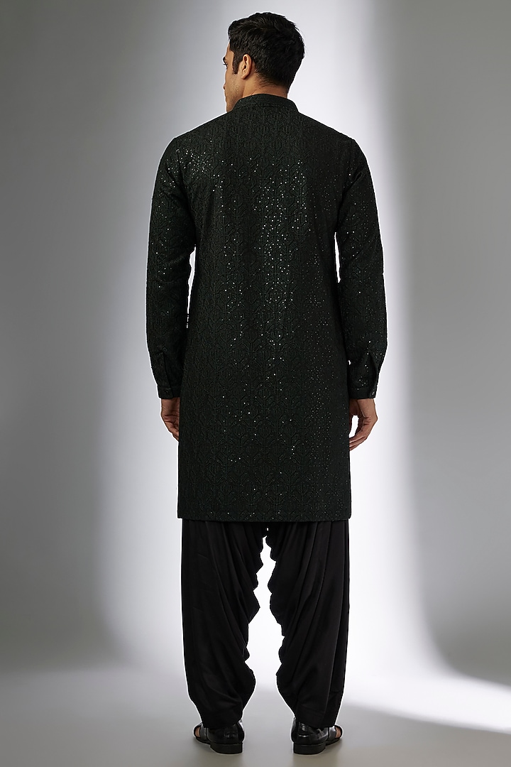 Dark Green Dola Silk Sequins Embellished Kurta Set by SALIL BHATIA at Pernia's Pop Up Shop