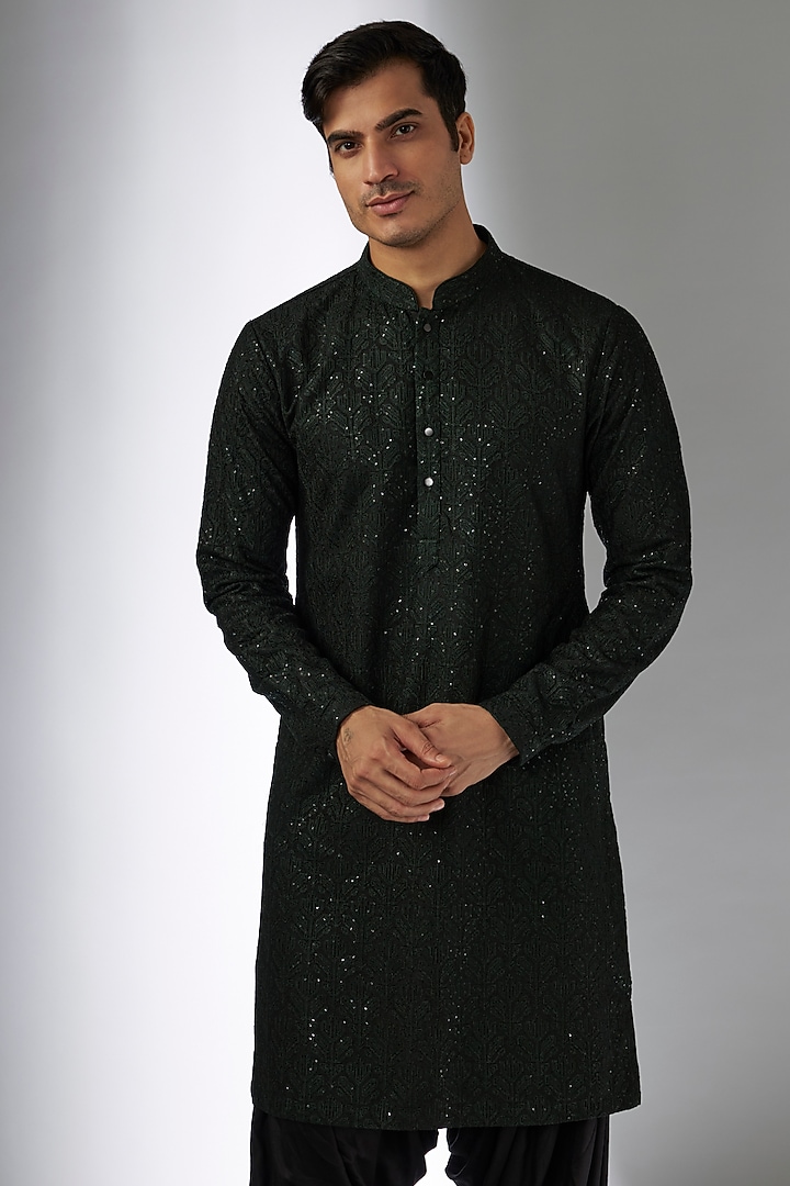 Dark Green Dola Silk Sequins Embellished Kurta Set by SALIL BHATIA at Pernia's Pop Up Shop