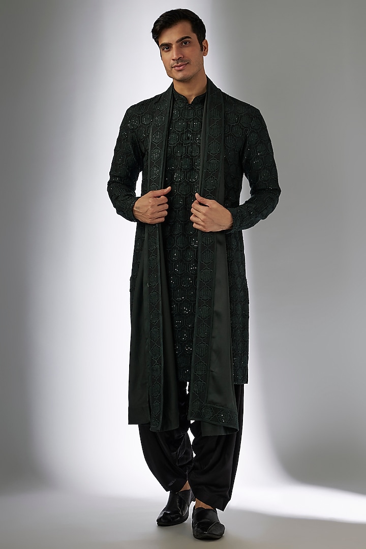 Dark Green Dola Silk Sequins Embellished Kurta Set by SALIL BHATIA at Pernia's Pop Up Shop