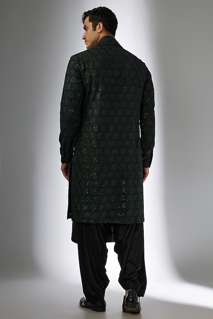 Dark Green Dola Silk Sequins Embellished Kurta Set by SALIL BHATIA at Pernia's Pop Up Shop