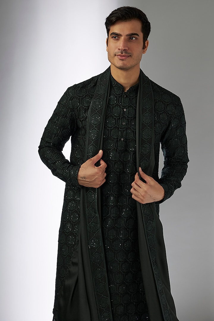Dark Green Dola Silk Sequins Embellished Kurta Set by SALIL BHATIA at Pernia's Pop Up Shop