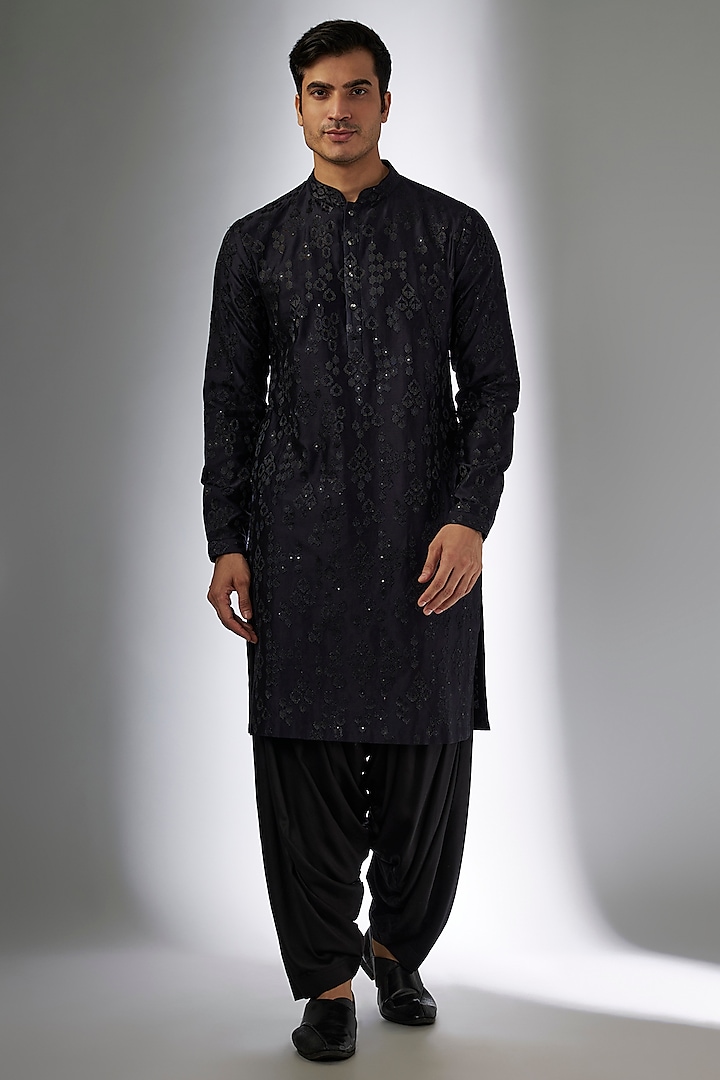 Blackish Blue Chanderi Silk Sequins Embellished Kurta Set by SALIL BHATIA at Pernia's Pop Up Shop