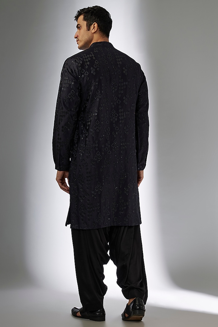 Blackish Blue Chanderi Silk Sequins Embellished Kurta Set by SALIL BHATIA at Pernia's Pop Up Shop