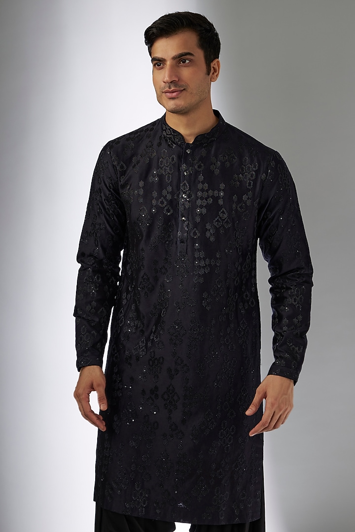 Blackish Blue Chanderi Silk Sequins Embellished Kurta Set by SALIL BHATIA at Pernia's Pop Up Shop