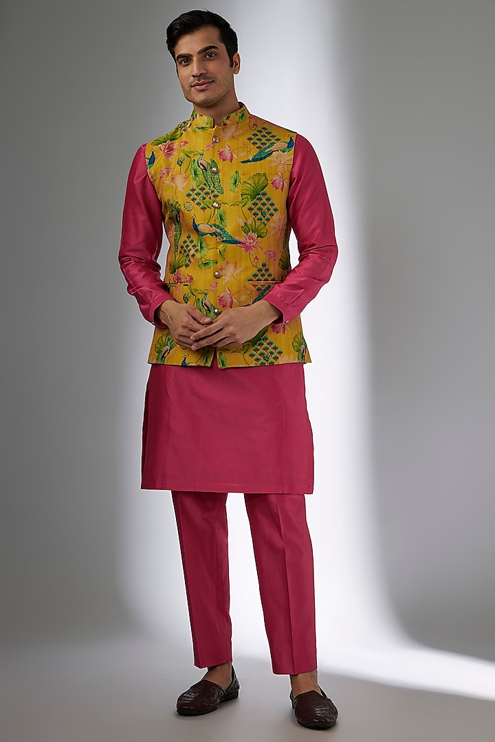 Yellow Art Silk Peacock Printed Nehru Jacket Set by SALIL BHATIA