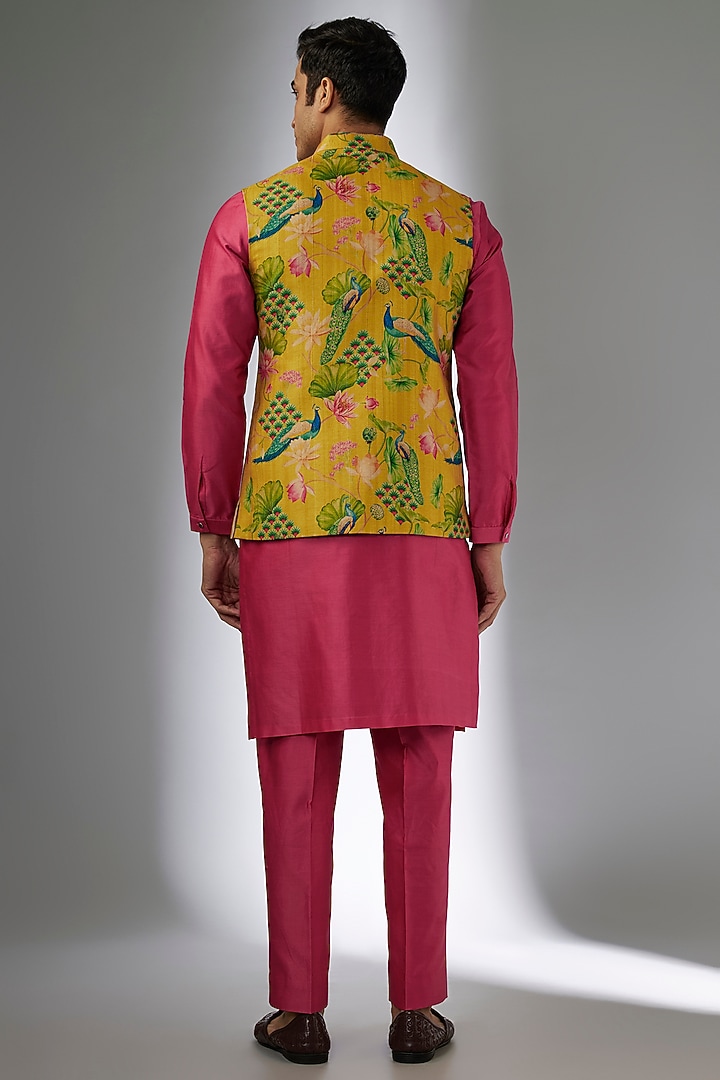 Yellow Art Silk Peacock Printed Nehru Jacket Set by SALIL BHATIA at Pernia's Pop Up Shop