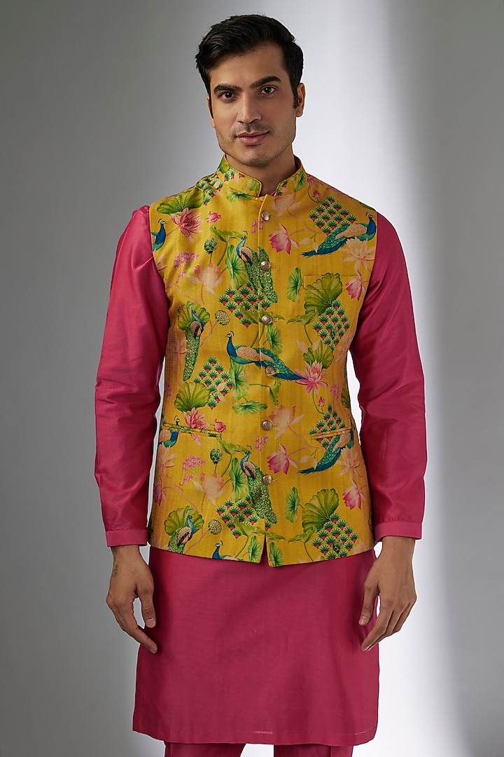 Yellow Art Silk Peacock Printed Nehru Jacket Set by SALIL BHATIA at Pernia's Pop Up Shop