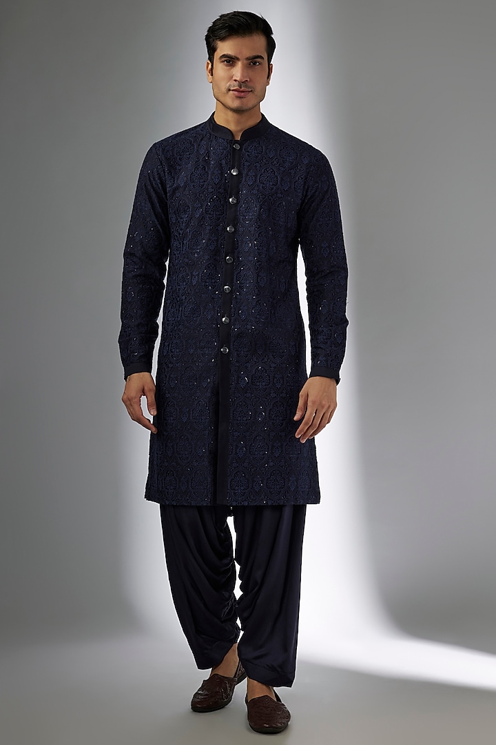 Blackish Blue Silk Chanderi Sequins Embellished Kurta Set by SALIL BHATIA at Pernia's Pop Up Shop