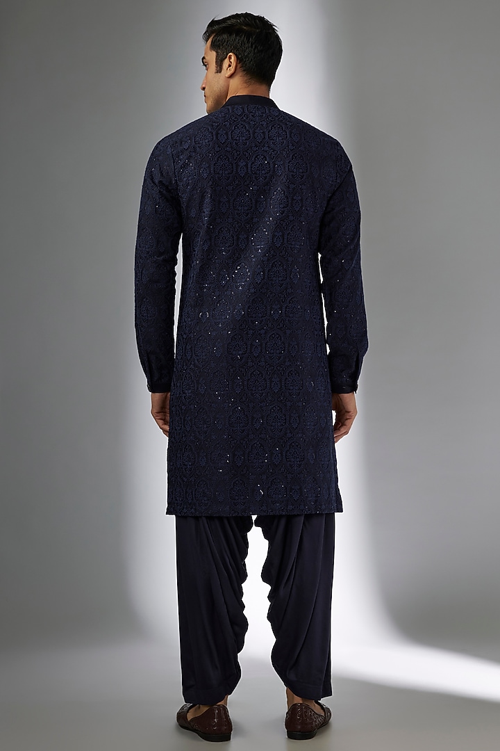 Blackish Blue Silk Chanderi Sequins Embellished Kurta Set by SALIL BHATIA at Pernia's Pop Up Shop