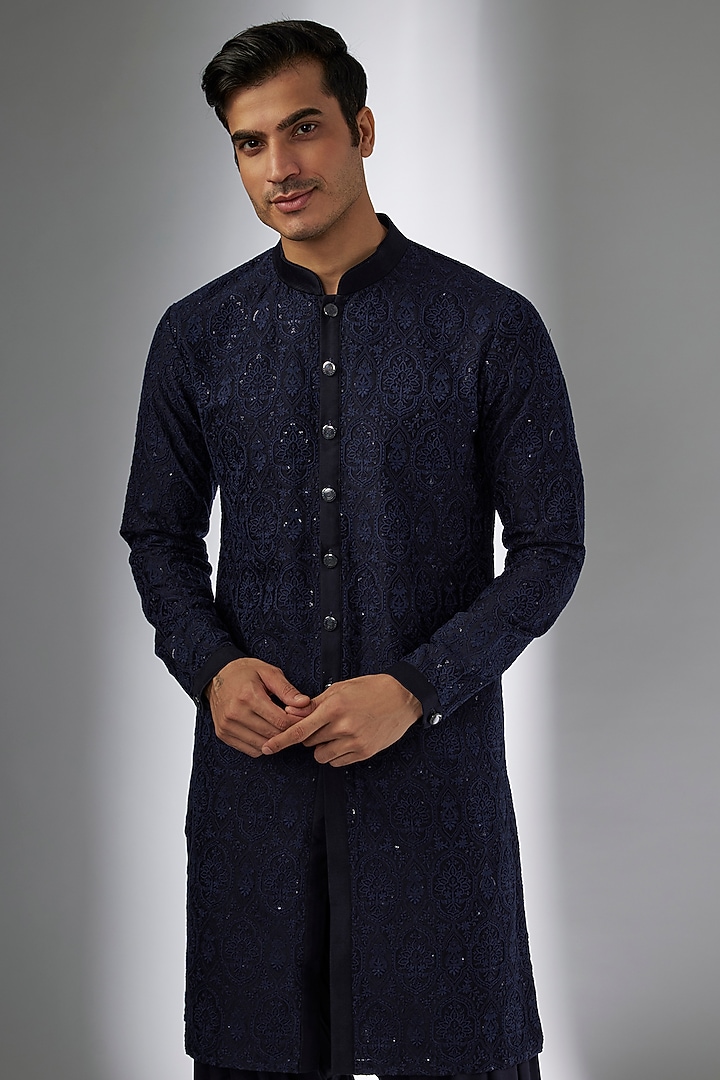 Blackish Blue Silk Chanderi Sequins Embellished Kurta Set by SALIL BHATIA at Pernia's Pop Up Shop