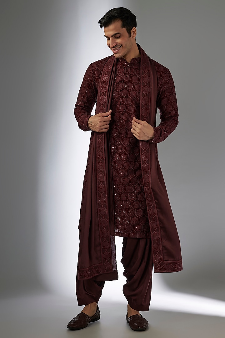 Wine Dola Silk Sequins Embellished Kurta Set by SALIL BHATIA at Pernia's Pop Up Shop