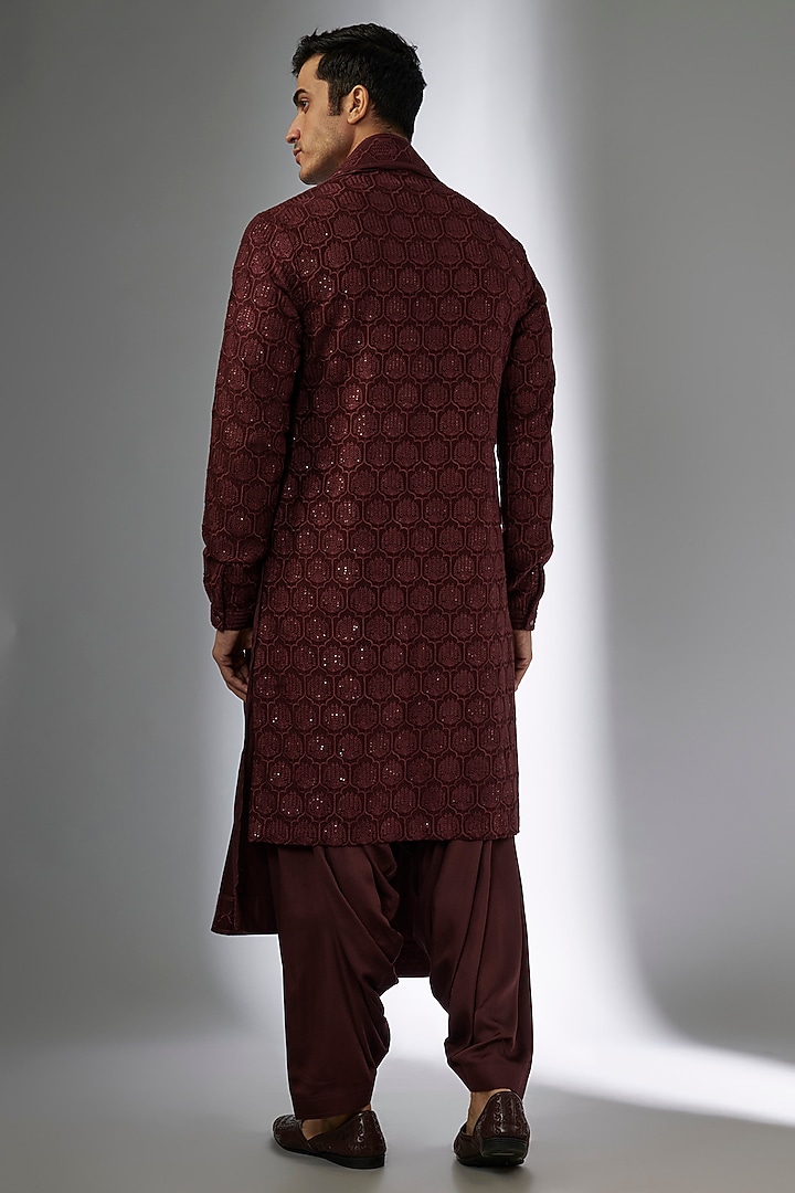 Wine Dola Silk Sequins Embellished Kurta Set by SALIL BHATIA at Pernia's Pop Up Shop