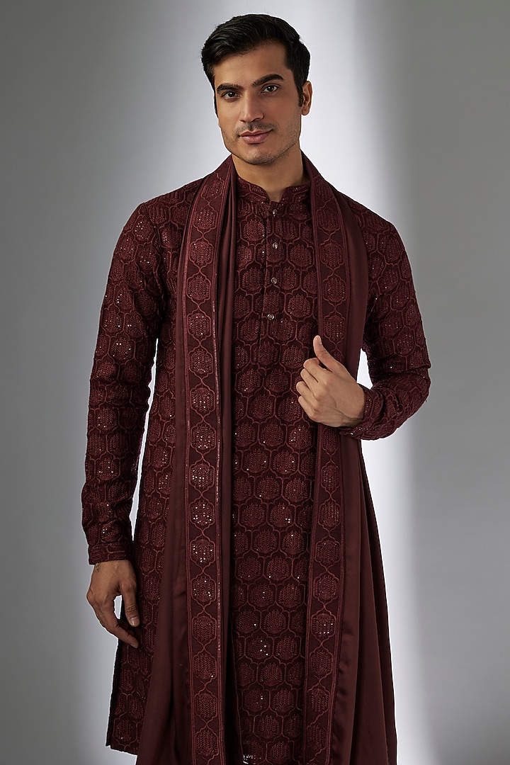 Wine Dola Silk Sequins Embellished Kurta Set by SALIL BHATIA at Pernia's Pop Up Shop