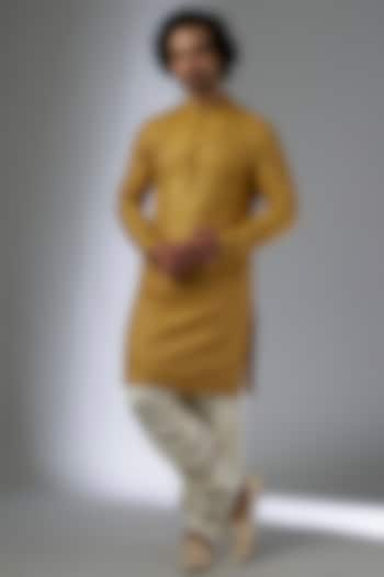 Mustard Dola Silk Zari & Sequins Embellished Kurta Set by SALIL BHATIA at Pernia's Pop Up Shop