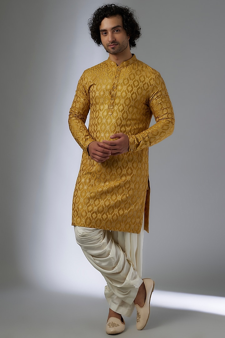 Mustard Dola Silk Zari & Sequins Embellished Kurta Set by SALIL BHATIA at Pernia's Pop Up Shop