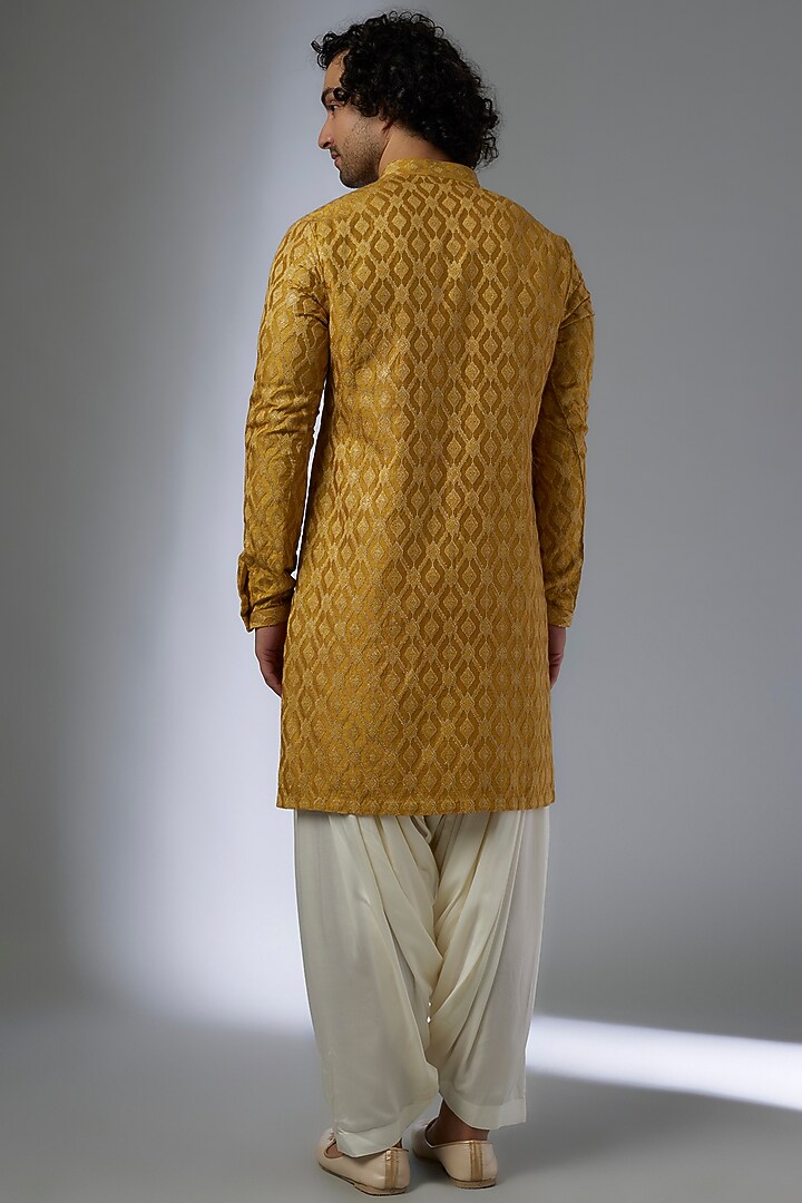 Mustard Dola Silk Zari & Sequins Embellished Kurta Set by SALIL BHATIA at Pernia's Pop Up Shop