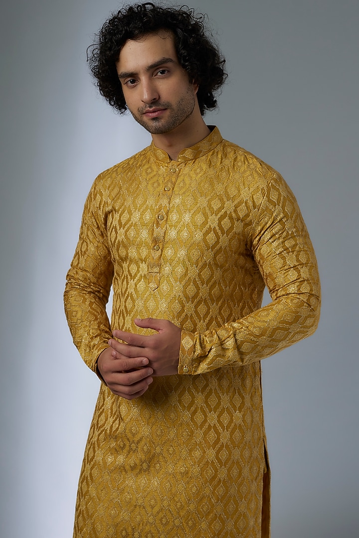 Mustard Dola Silk Zari & Sequins Embellished Kurta Set by SALIL BHATIA at Pernia's Pop Up Shop