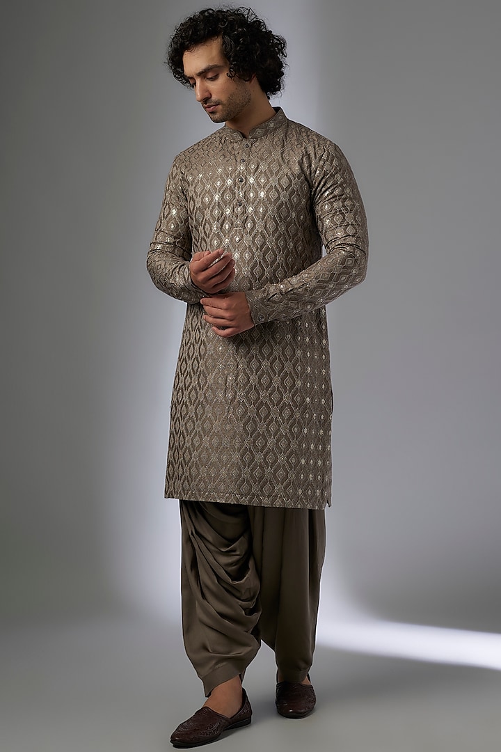 Taupe Dola Silk Zari & Sequins Embellished Kurta Set by SALIL BHATIA at Pernia's Pop Up Shop