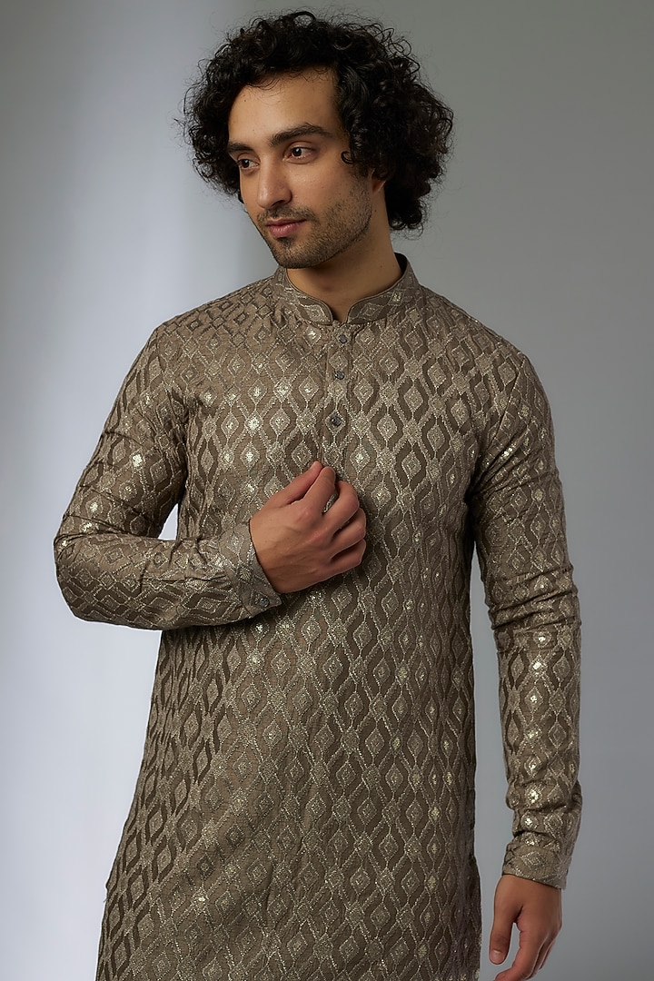 Taupe Dola Silk Zari & Sequins Embellished Kurta Set by SALIL BHATIA at Pernia's Pop Up Shop
