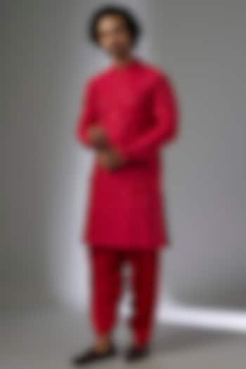 Raspberry Chanderi Silk Thread & Sequins Embellished Kurta Set by SALIL BHATIA