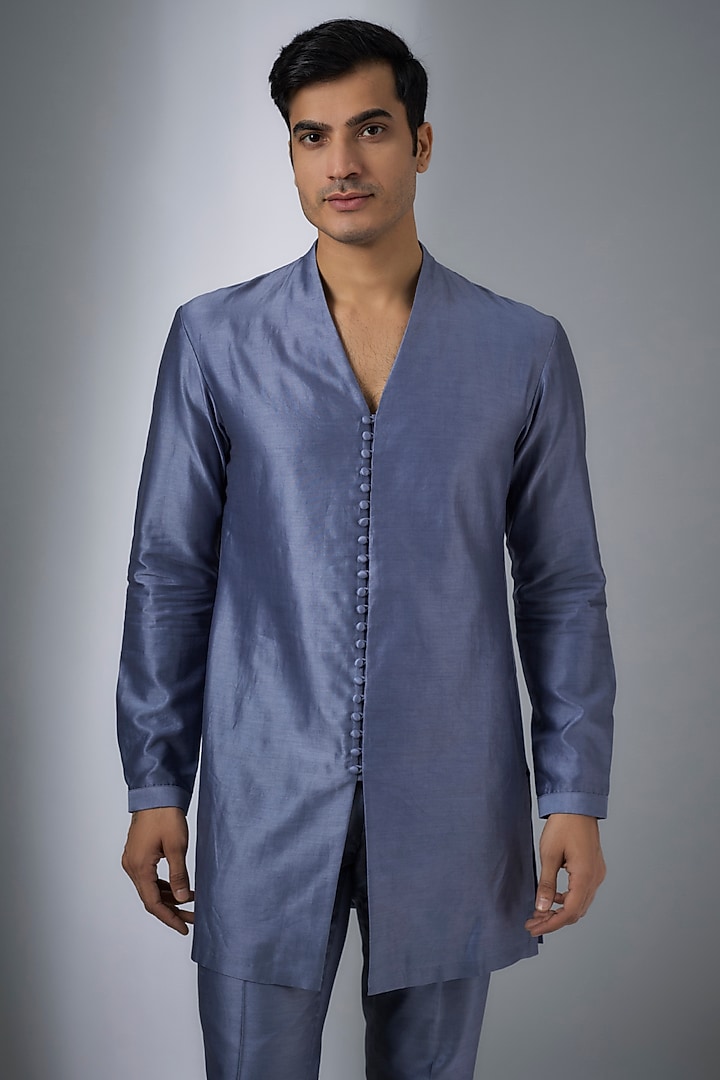 Bluish-Grey Chanderi Silk Sequins Embellished Indo-Western Set by SALIL BHATIA at Pernia's Pop Up Shop