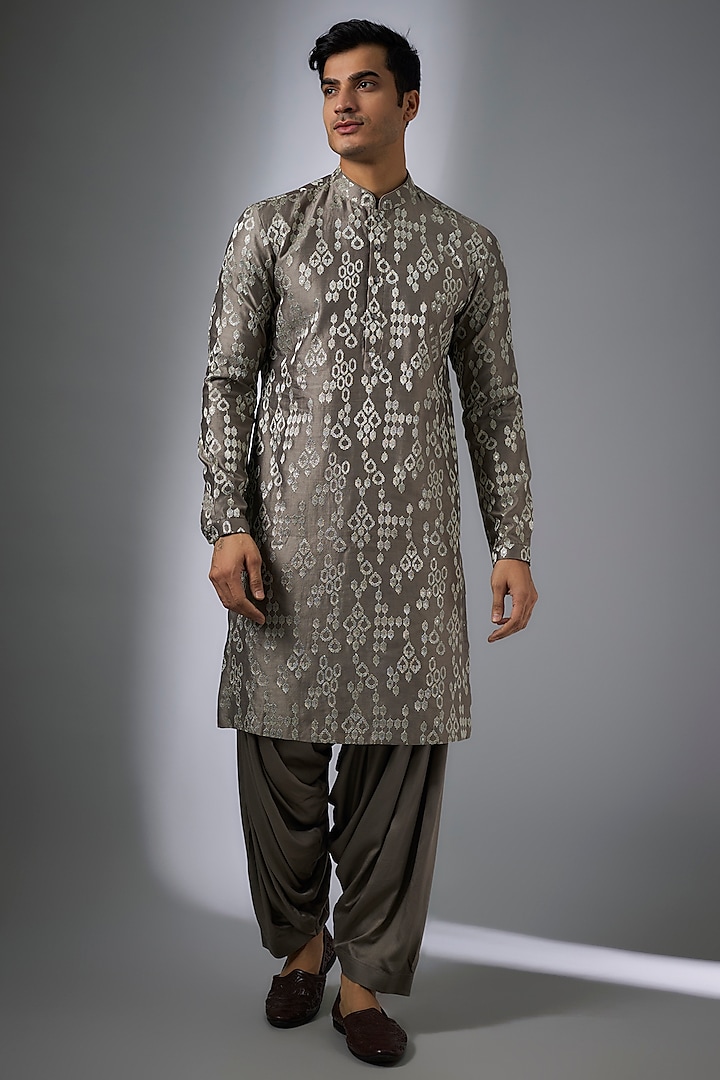 Taupe Silk Chanderi Sequins Embellished Kurta Set by SALIL BHATIA at Pernia's Pop Up Shop