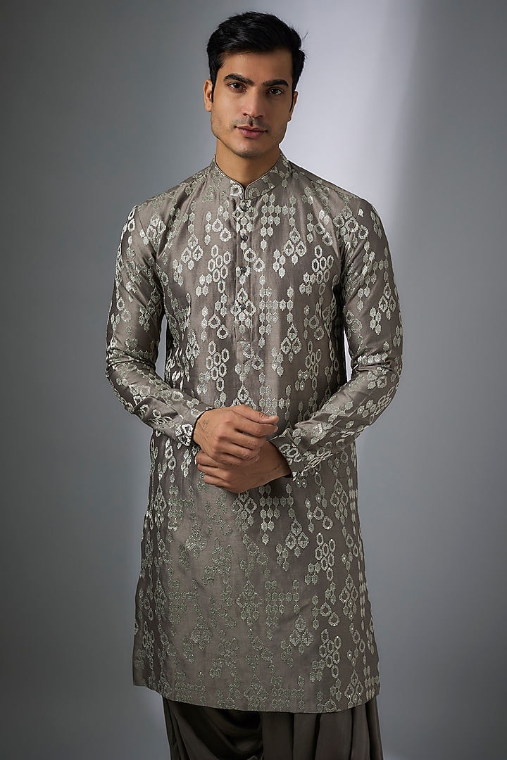 Taupe Silk Chanderi Sequins Embellished Kurta Set by SALIL BHATIA at Pernia's Pop Up Shop