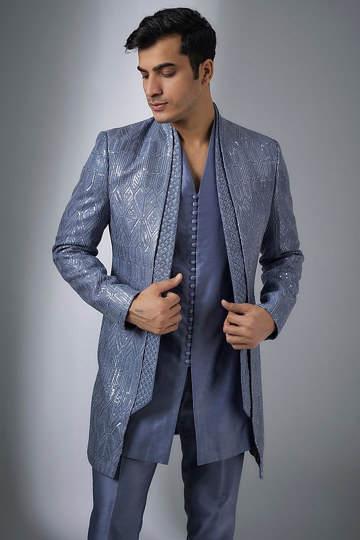 Bluish-Grey Chanderi Silk Sequins Embellished Indo-Western Set by SALIL BHATIA at Pernia's Pop Up Shop