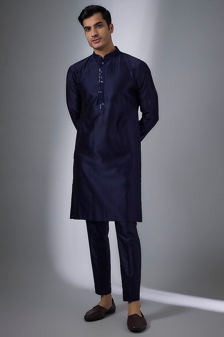 Navy Blue Silk Chanderi Sequins Embellished Kurta Set by SALIL BHATIA at Pernia's Pop Up Shop