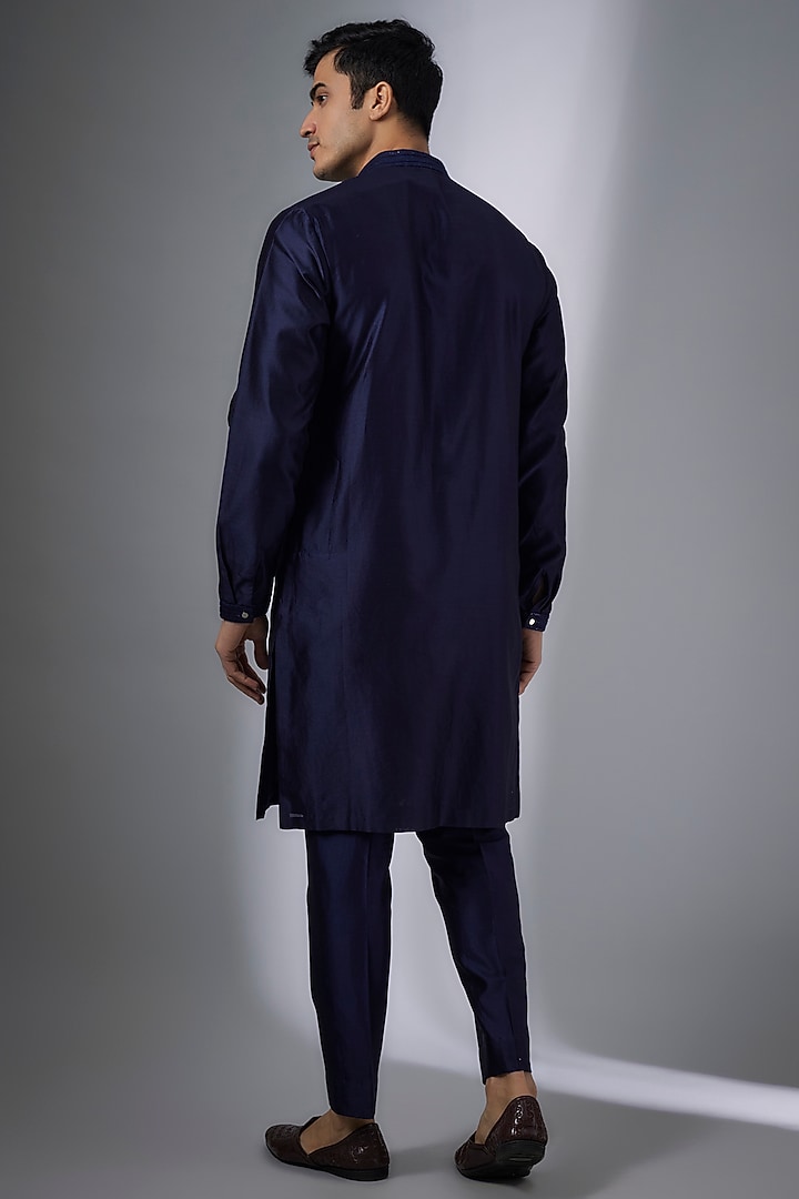 Navy Blue Silk Chanderi Sequins Embellished Kurta Set by SALIL BHATIA at Pernia's Pop Up Shop