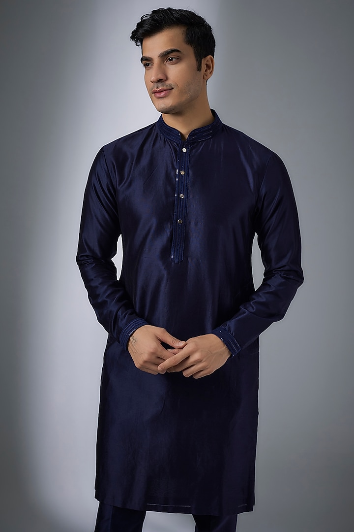 Navy Blue Silk Chanderi Sequins Embellished Kurta Set by SALIL BHATIA at Pernia's Pop Up Shop