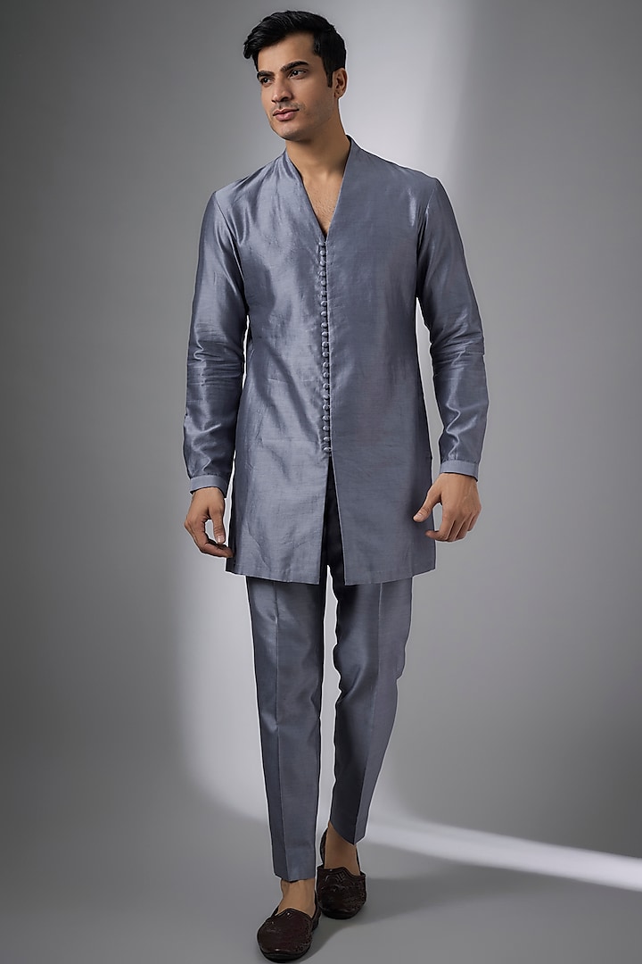 Bluish-Grey Dola Silk Kurta Set by SALIL BHATIA at Pernia's Pop Up Shop