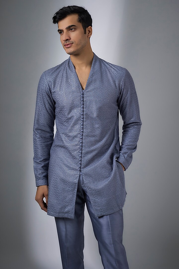 Bluish-Grey Dola Silk Kurta Set by SALIL BHATIA at Pernia's Pop Up Shop