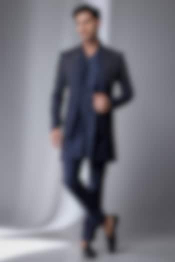 Navy Blue Silk Chanderi Embellished Groom Indowestern Set by SALIL BHATIA at Pernia's Pop Up Shop