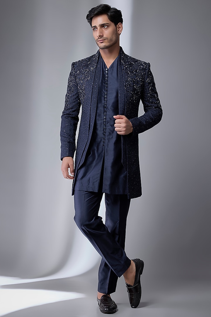 Navy Blue Silk Chanderi Embellished Groom Indowestern Set by SALIL BHATIA at Pernia's Pop Up Shop