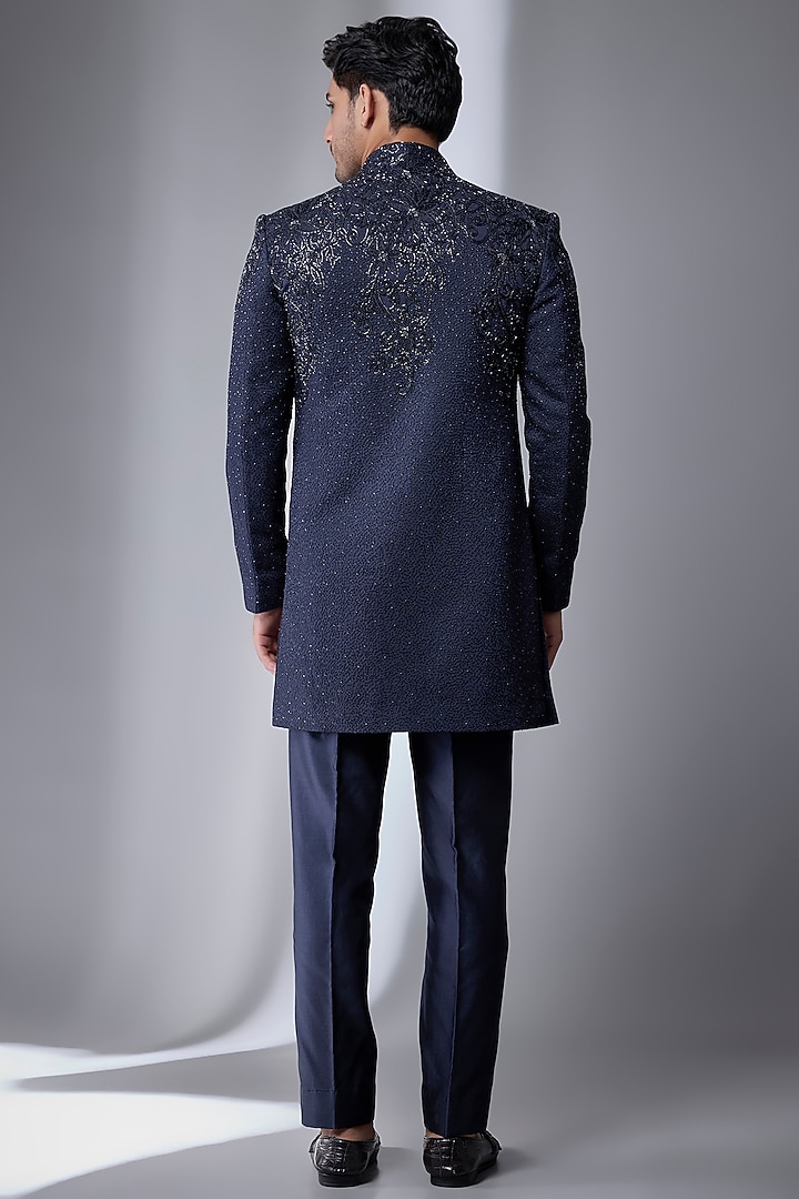 Navy Blue Silk Chanderi Embellished Groom Indowestern Set by SALIL BHATIA at Pernia's Pop Up Shop