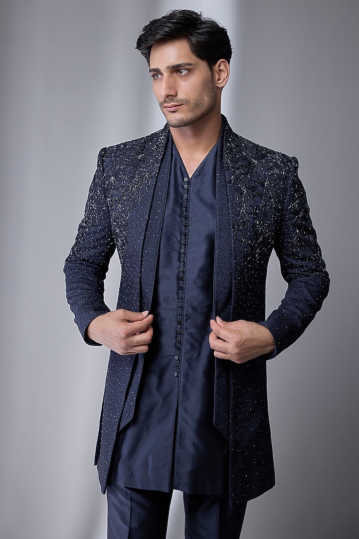 Navy Blue Silk Chanderi Embellished Groom Indowestern Set by SALIL BHATIA at Pernia's Pop Up Shop