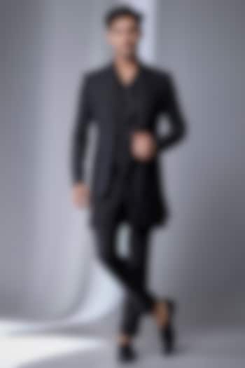 Black Satin Embellished Wedding Indowestern Set by SALIL BHATIA at Pernia's Pop Up Shop