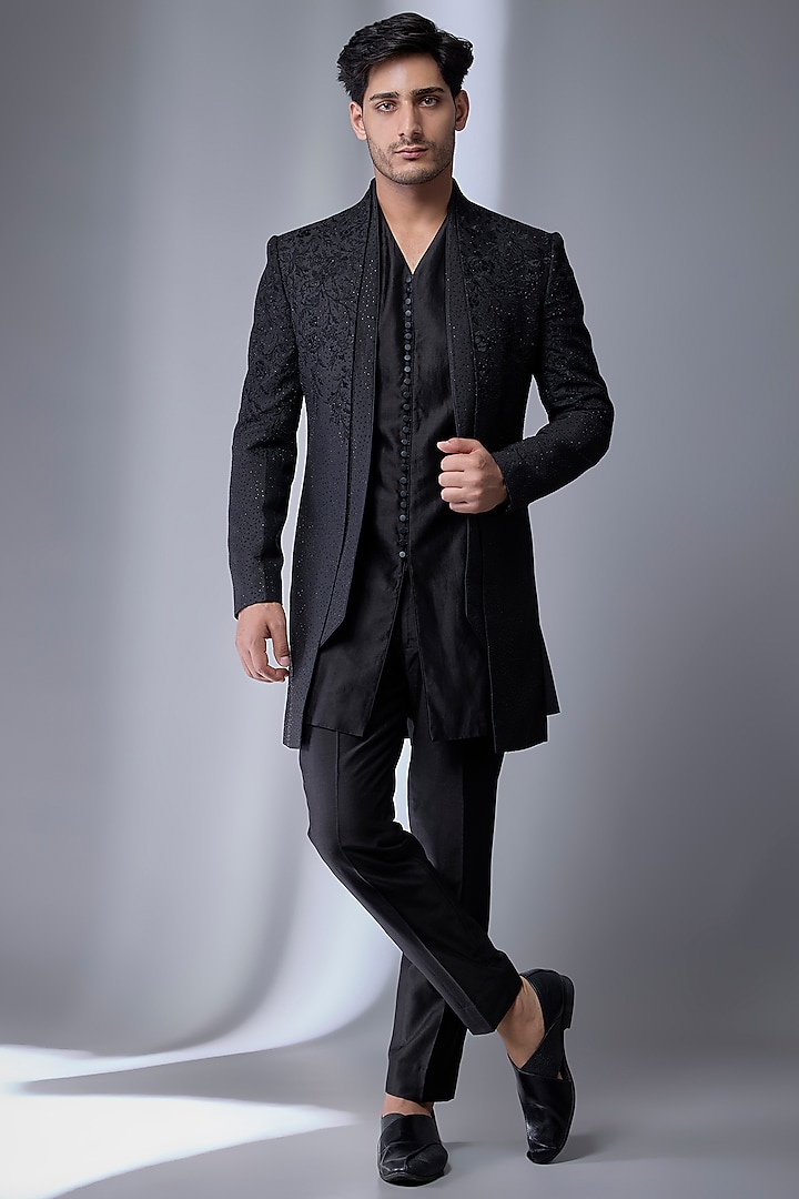 Black Satin Embellished Wedding Indowestern Set by SALIL BHATIA at Pernia's Pop Up Shop