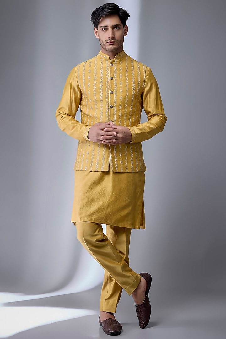 Mustard Silk Chanderi Embellished Nehru Jacket Set by SALIL BHATIA at Pernia's Pop Up Shop