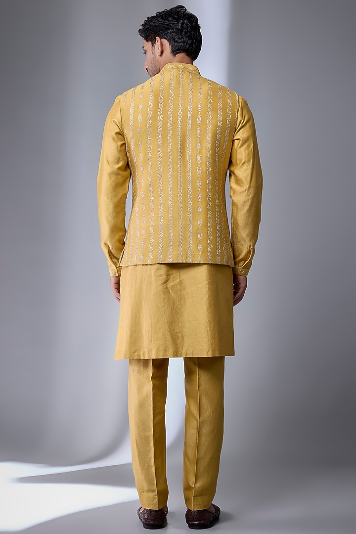 Mustard Silk Chanderi Embellished Nehru Jacket Set by SALIL BHATIA at Pernia's Pop Up Shop