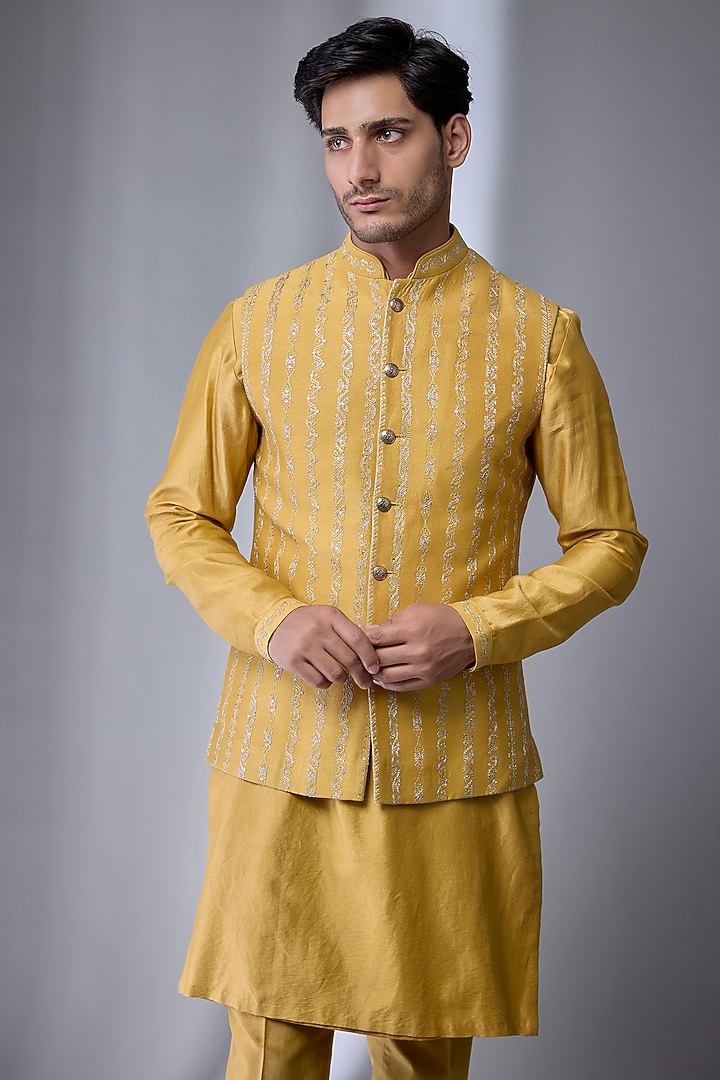 Mustard Silk Chanderi Embellished Nehru Jacket Set by SALIL BHATIA at Pernia's Pop Up Shop