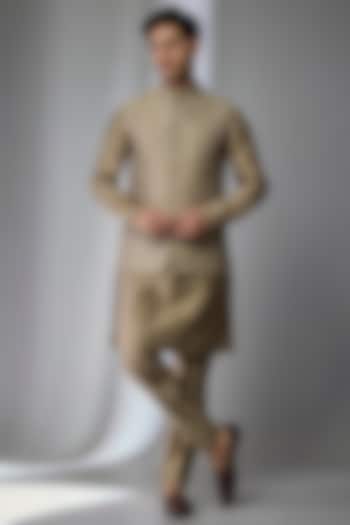 Taupe Silk Chanderi Embellished Nehru Jacket Set by SALIL BHATIA at Pernia's Pop Up Shop