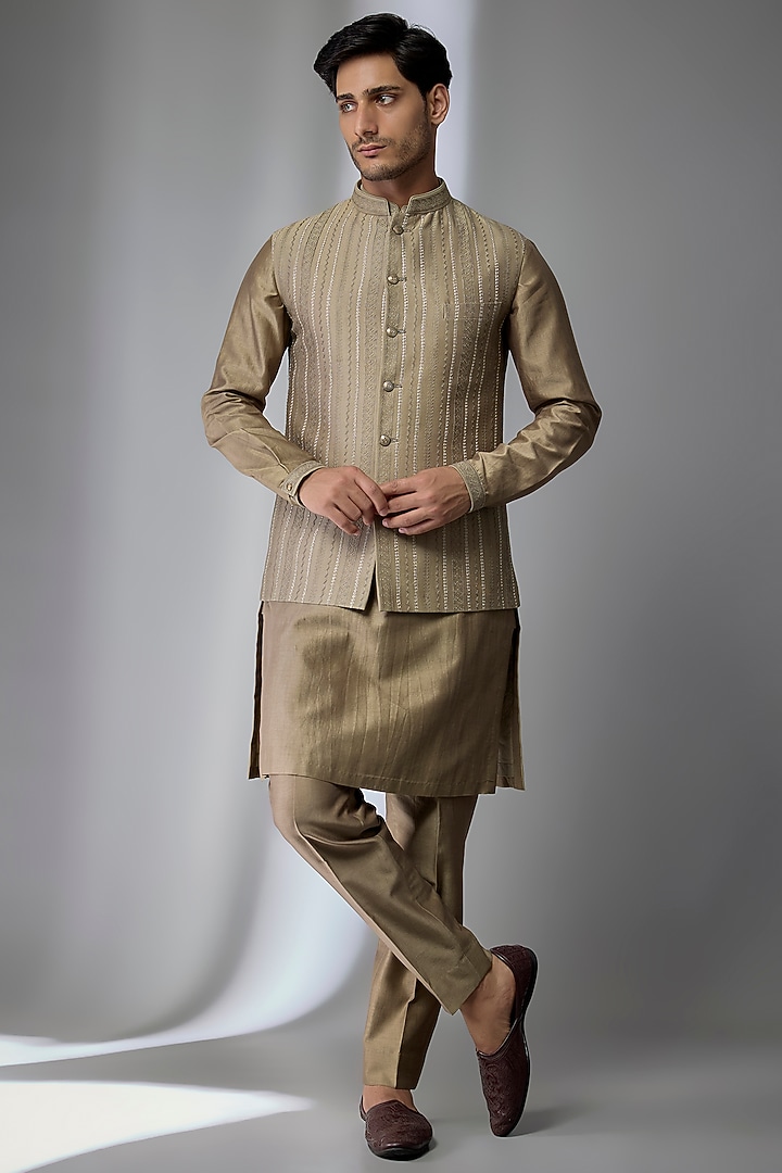 Taupe Silk Chanderi Embellished Nehru Jacket Set by SALIL BHATIA at Pernia's Pop Up Shop