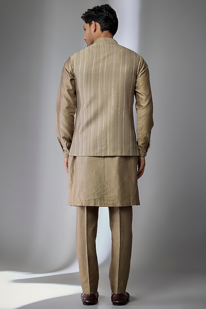 Taupe Silk Chanderi Embellished Nehru Jacket Set by SALIL BHATIA at Pernia's Pop Up Shop