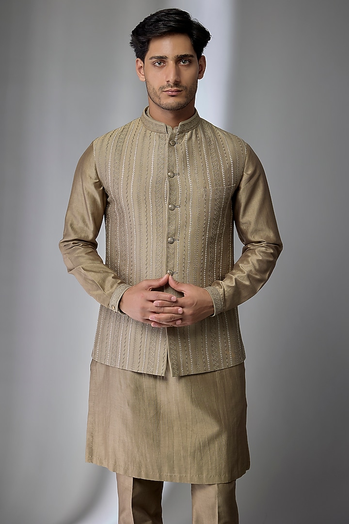 Taupe Silk Chanderi Embellished Nehru Jacket Set by SALIL BHATIA at Pernia's Pop Up Shop