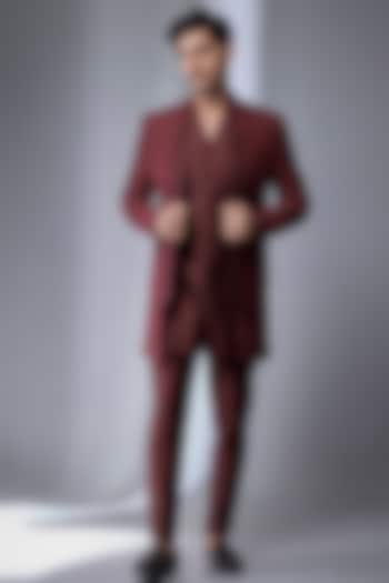 Wine Silk Chanderi Embellished Wedding Indowestern Set by SALIL BHATIA at Pernia's Pop Up Shop