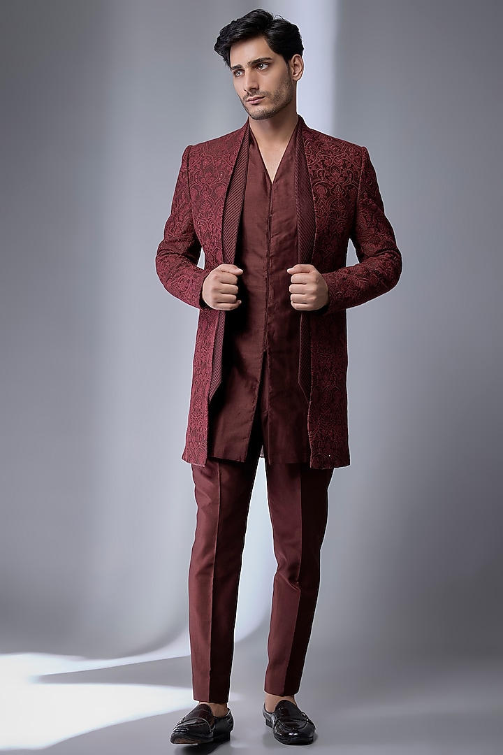 Wine Silk Chanderi Embellished Wedding Indowestern Set by SALIL BHATIA at Pernia's Pop Up Shop