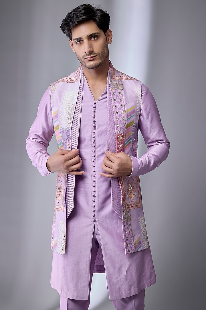 Lavender Chinon Embellished Wedding Indowestern Set by SALIL BHATIA at Pernia's Pop Up Shop