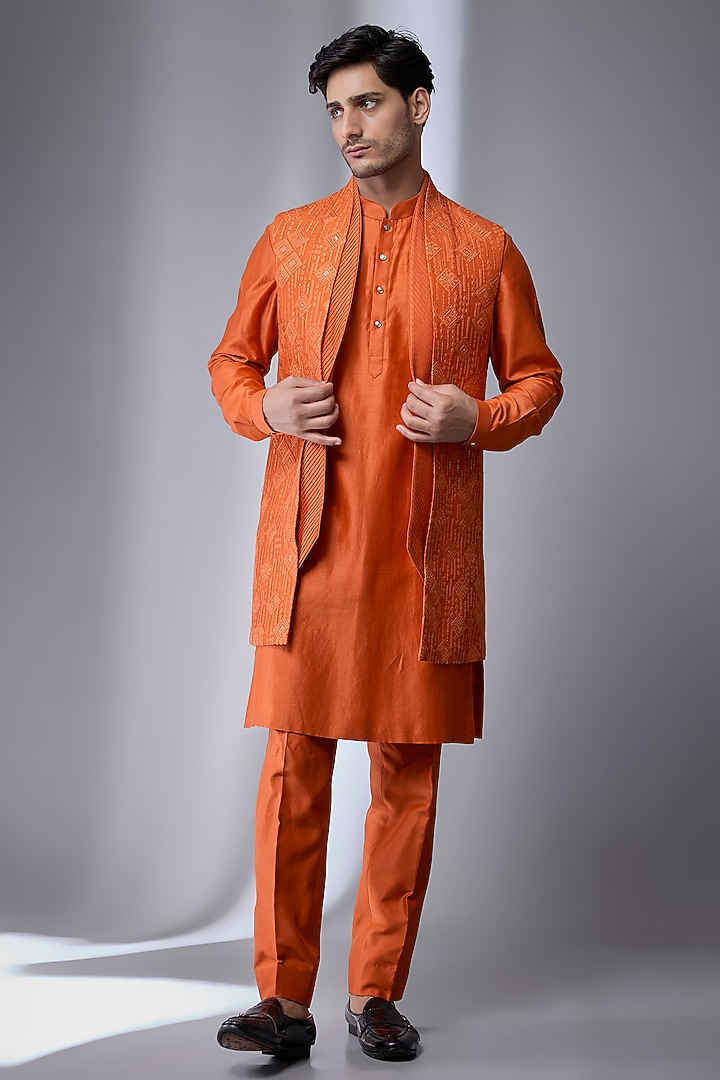 Rust Dola Silk Embellished Wedding Indowestern Set by SALIL BHATIA at Pernia's Pop Up Shop